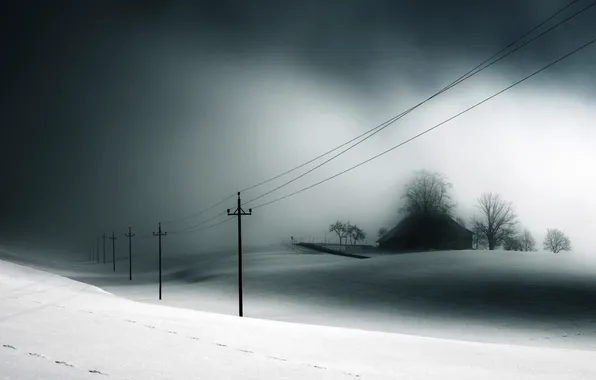 Winter, snow, traces, house, treatment, shadows, power lines