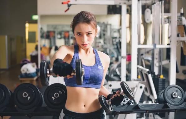 Girl, face, hair, figure, fitness, the gym, dumbbells