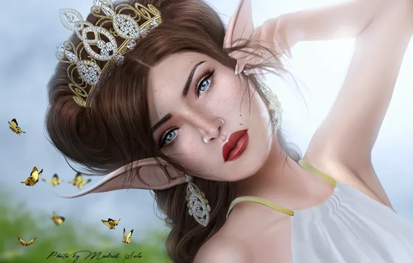Girl, butterfly, elf, portrait, earrings, fantasy, ears, Diadema