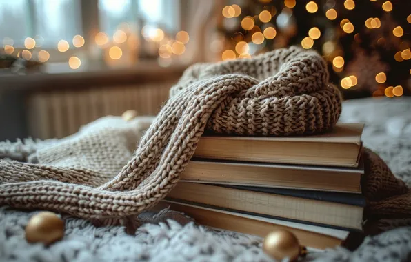 Balls, lights, comfort, heat, books, scarf, Christmas, New year