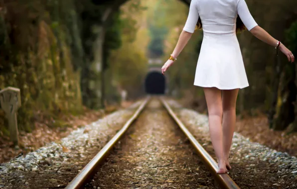 Picture girl, rails, legs, Railroad