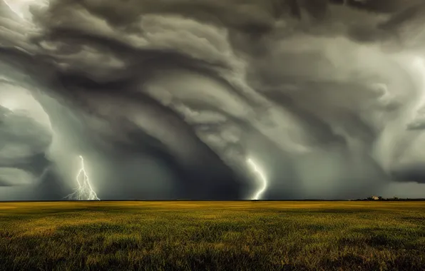 The storm, field, the sky, grass, clouds, storm, nature, fog