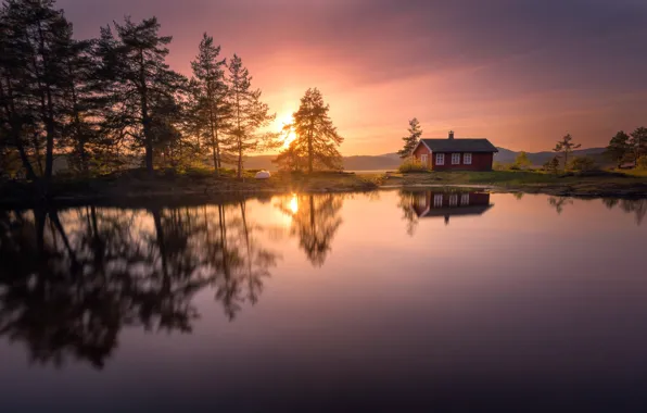Trees, sunset, lake, reflection, Norway, house, Norway, RINGERIKE
