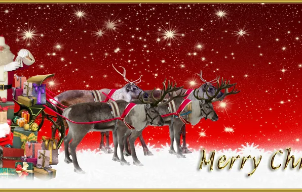 Stars, Christmas, New year, Santa Claus, Deer, Merry Christmas, Sleigh, Delivers gifts