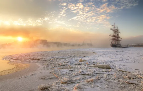 Cold, winter, the sky, the sun, clouds, light, snow, nature