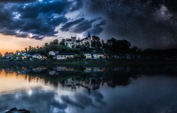 Picture the sky, river, stars, Austria, houses, The Danube, castle Ottensheim