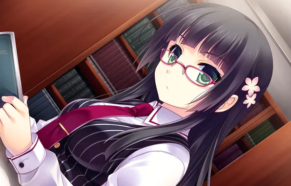 Picture look, girl, glasses, book, library, art, guardian place, suminoe of ouka