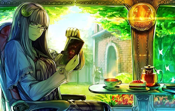 Picture girl, table, tea, skull, window, art, glasses, book