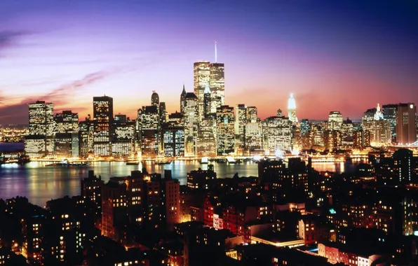 Night, the city, lights, river, Wallpaper, skyscrapers, new York, wallpapers