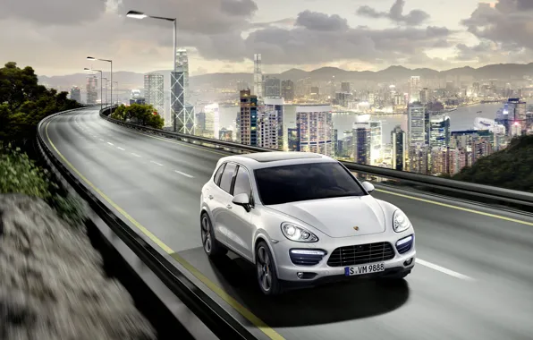 Road, the city, Porsche, Porsche, Porsche Cayenne, skyscrapers, Cayenne, porcien