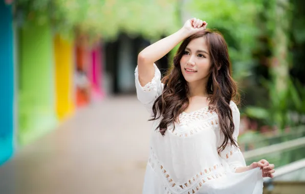 Girl, hair, dress, Asian, bokeh