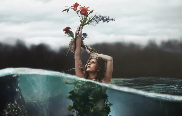 Water, girl, flowers