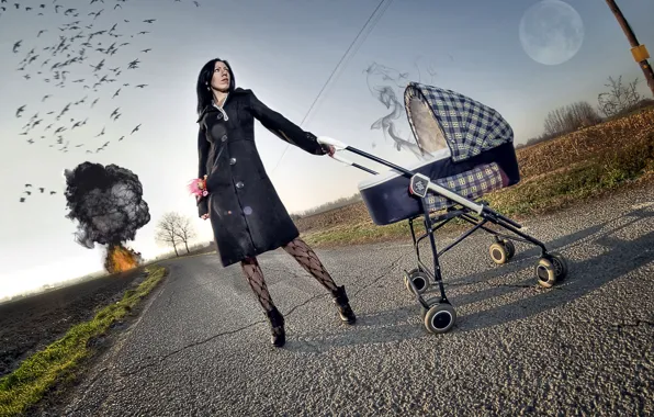 Picture road, girl, the explosion, style, the situation, stroller