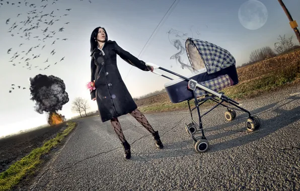 Picture style, stroller, girl, the situation, road, the explosion