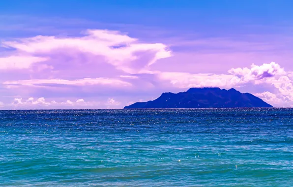 Sea, clouds, mountains, the ocean, view, pond, lilac sky