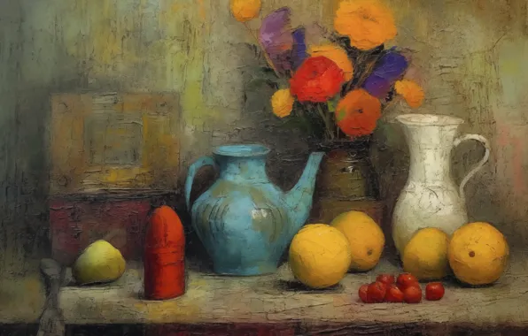 Flowers, cracked, berries, table, paint, bouquet, picture, dishes