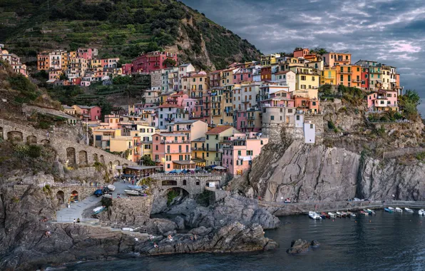 Sea, rocks, building, home, boats, Italy, Italy, The Ligurian sea