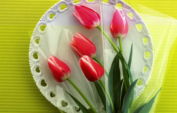 Flowers, plate, tulips, still life, tablecloth