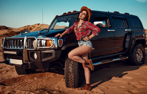 Picture machine, auto, girl, the sun, pose, model, shorts, hat