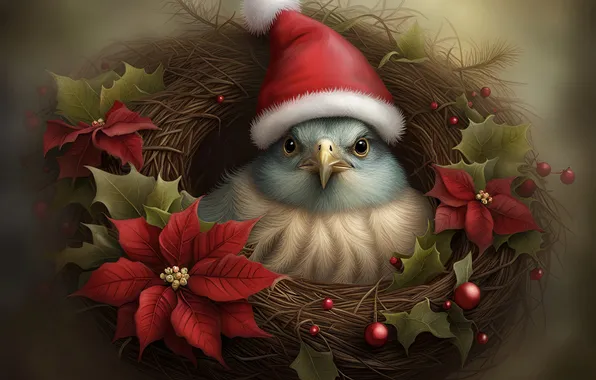 Flowers, bird, Christmas, socket, New year, wreath, the Santa hat, AI art