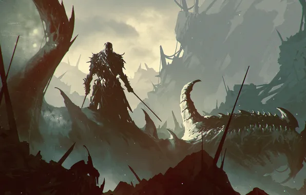 Dragon, Monster, Warrior, Fantasy, Dragon, Art, Fiction, Sword