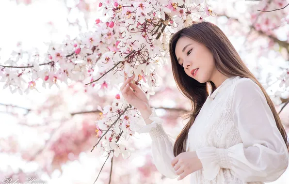 Flowers, branches, pose, model, portrait, makeup, dress, hairstyle