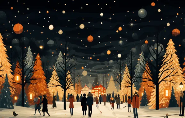 Winter, road, the sky, balls, light, snow, trees, night