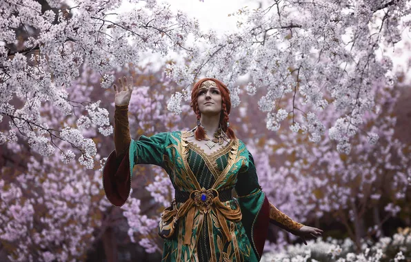 Picture smile, gesture, smile, cherry blossoms, cosplay, cosplay, cherry blossom, Red hair