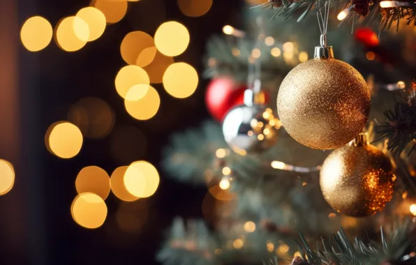 Balls, branches, lights, Christmas, New year, herringbone, needles, gold