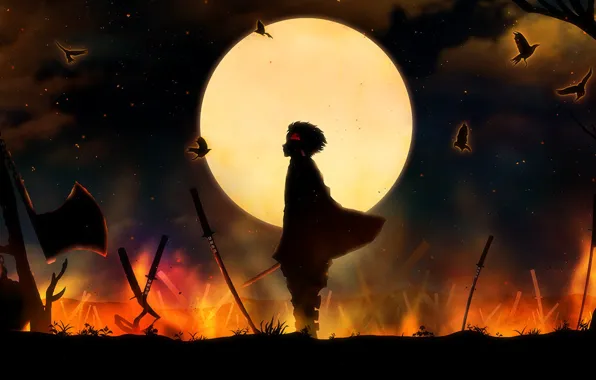 Picture night, the moon, silhouette, guy, The Blade Cleaves Demons, Tanjirou Kamado