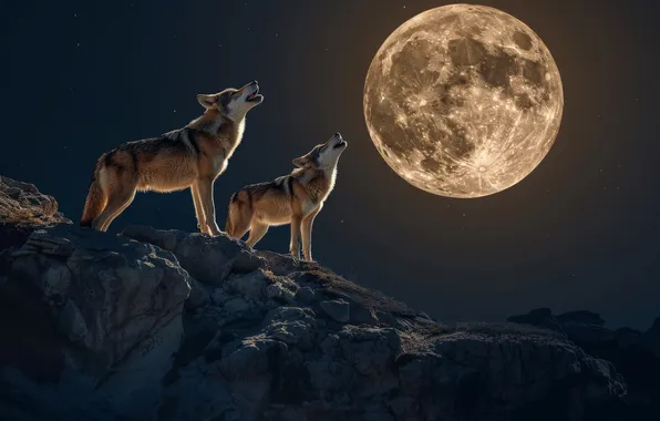 Picture Night, The moon, Two, The full moon, Wolves, Digital art, Predators, AI art