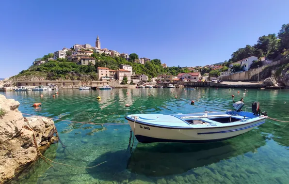Picture boat, building, home, Bay, hill, Croatia, Croatia, The Adriatic sea