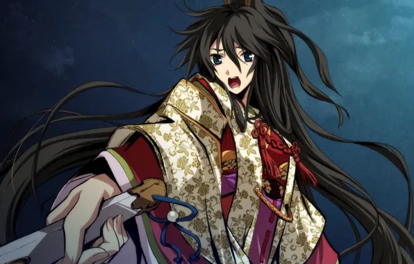 Picture face, weapons, background, sword, anime, Kaji Wait To Wring Kaguya, eyes. long hair