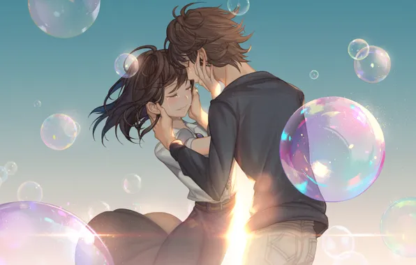 Picture girl, smile, bubbles, anime, tears, art, pair, guy