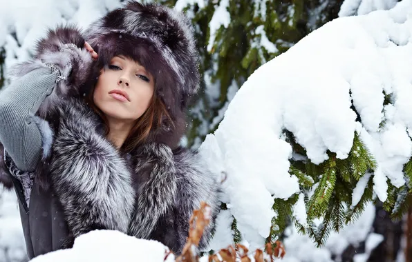 Picture winter, look, girl, snow, hat, tree, lips