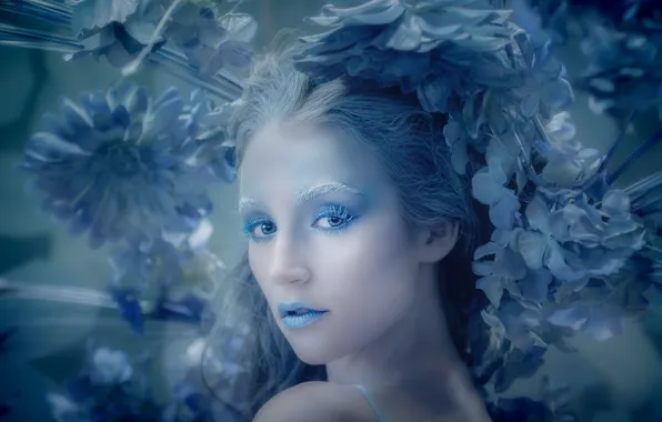 Look, girl, flowers, style, makeup, Blue Hydragea