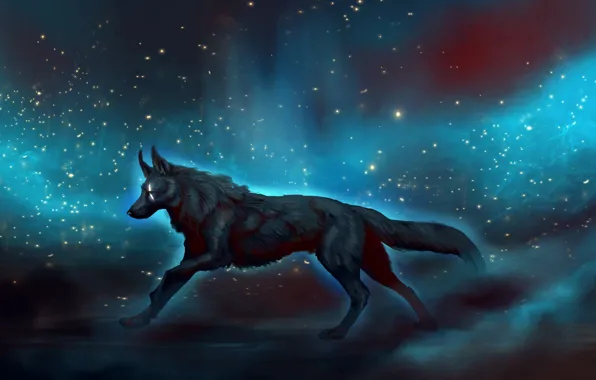 Space, fiction, wolf, by JadeMere