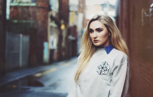 Girl, woman, model, street, bokeh, blonde, female, sweater