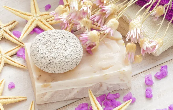 Flowers, soap, starfish, sea salt