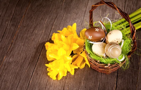 Picture Easter, basket, wood, daffodils, spring, Easter, eggs, decoration
