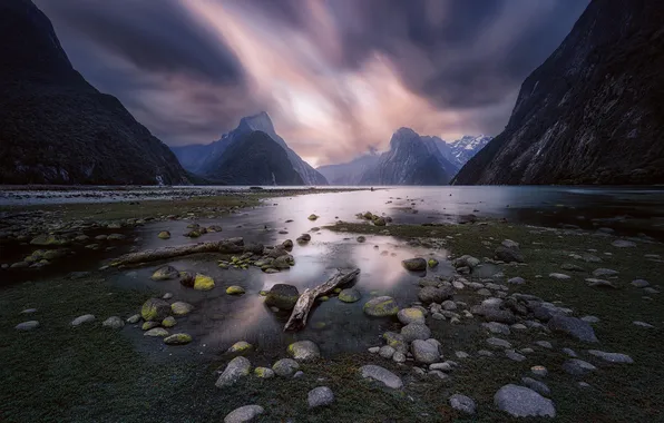 Clouds, mountains, fog, lake, stones, rocks, tops, dal