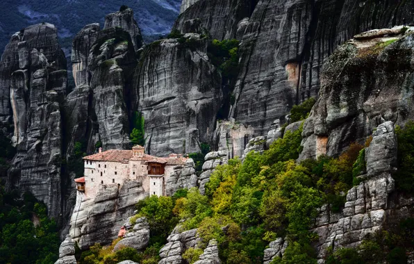 Trees, mountains, house, rocks, Greece, Meteors