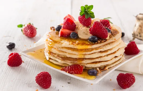 Strawberry, Berries, Honey, Dessert, Pancakes