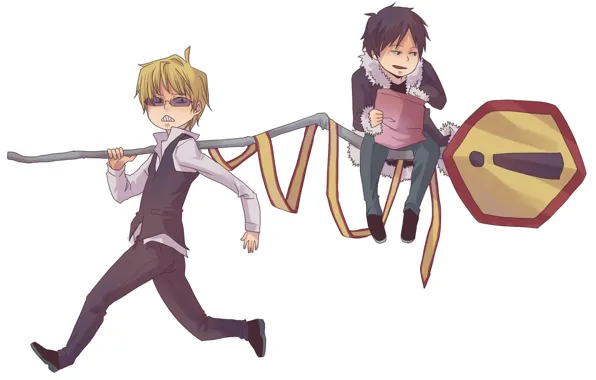 Glasses, running, tape, guys, road sign, chips, Durarara, Durarara