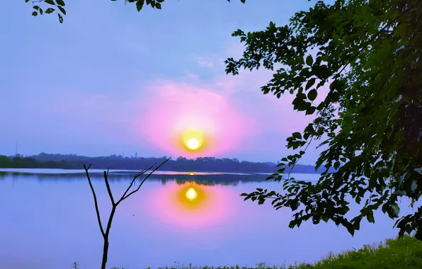 Sky, Sun, Water, Sunrise, Dawn, Morning, Lake, Trees