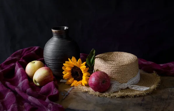 Flower, the dark background, table, apples, sunflower, hat, fabric, still life