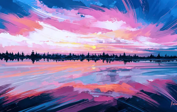 The sky, water, the sun, clouds, sunset, reflection, sunrise, anime
