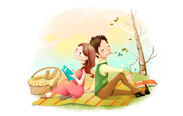 Girl, flowers, figure, positive, bread, guy, picnic, basket