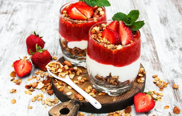 Wallpaper berries, strawberry, dessert, muesli, yogurt, • Olena Rudo