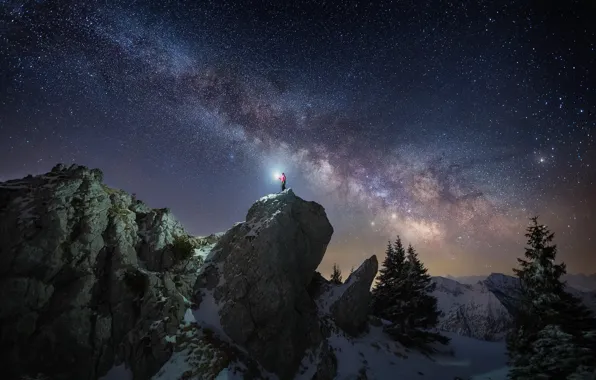 Picture winter, the sky, stars, light, mountains, night, rocks, people